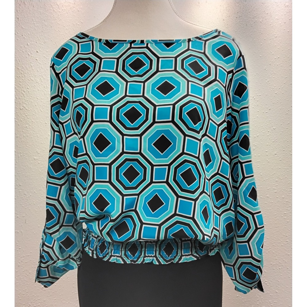 Michael Kors Blue Geometric Print Blouse Long Sleeve Packable Top